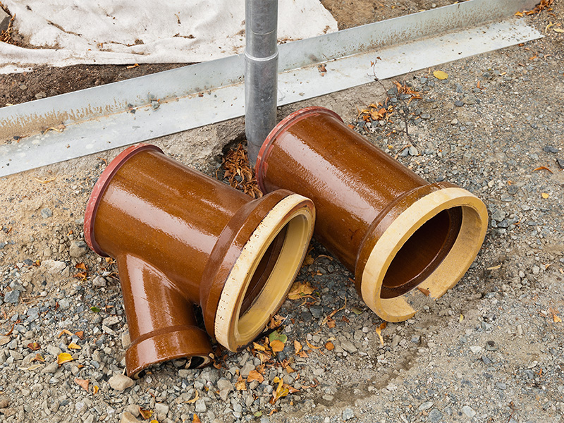 Gelagerte Tonrohre für Abwasserleitungen als Baumaterial bei einer Kanalsanierung in Grömitz