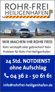 Banner der Rohr-Frei Schnelldienst UG Heiligenhafen mit Kontaktdaten und Informationen zu Rohrreinigung, Kanalsanierung und Kanalservice