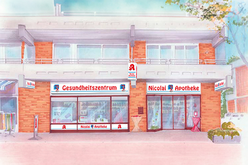 Außenansicht der Nicolai-Apotheke in Grömitz mit Eingangsbereich und moderner Apothekenfassade.