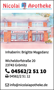 Banner der Nicolai-Apotheke in Grömitz mit Kontaktdaten, Serviceangeboten und Informationen zu pharmazeutischen Leistungen.